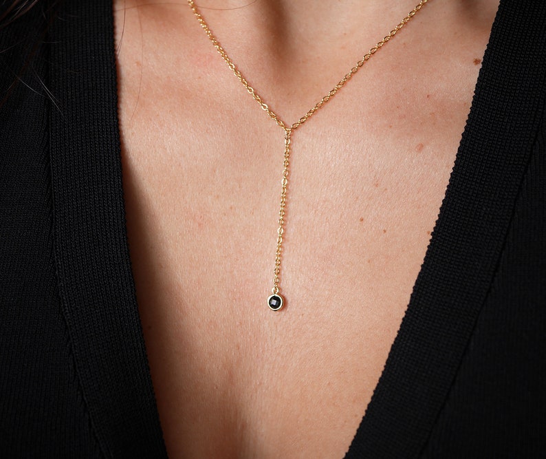 Gold Plated chain Y necklace Gold Plated jewels minimalist dainty necklace simple layering necklace Black Stone Black and Gold image 3