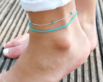 Satz von 2 Knöchel Armbänder - Silber natürlichen Türkis - Türkis - String Perlen 925 - Fuß Armband Steinen Sommer, Strand