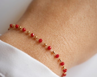 Red stone bracelet - gold-plated Rosary bracelet - minimalist bracelet - pearl bracelet - Red and gold - Fine bracelet - Red and gold