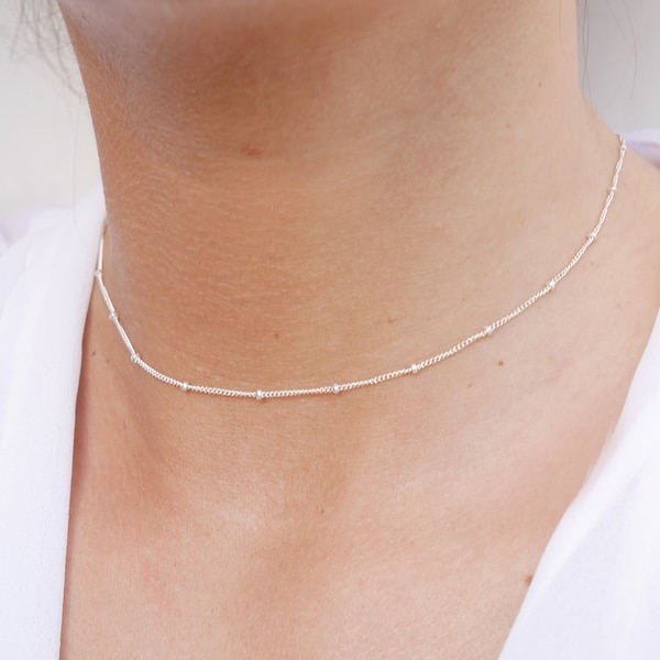 Sterling silver satelite chain choker - Minimalist ultra thin Sterling silver chain necklace - delicate wedding jewel - stackable necklace