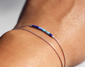 Fine double wrap bracelet, 925 sterling silver snake chain, and electric blue and turquoise miyuki beads