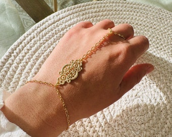 Hand jewelry gold plated hand bracelet Golden chain Hand bracelet  Gold ring Oriental Filigree wedding jewelry