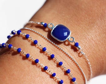 Set of 2 electric blue chalcedony stone bracelets, solid silver chain, double turn, multiturn