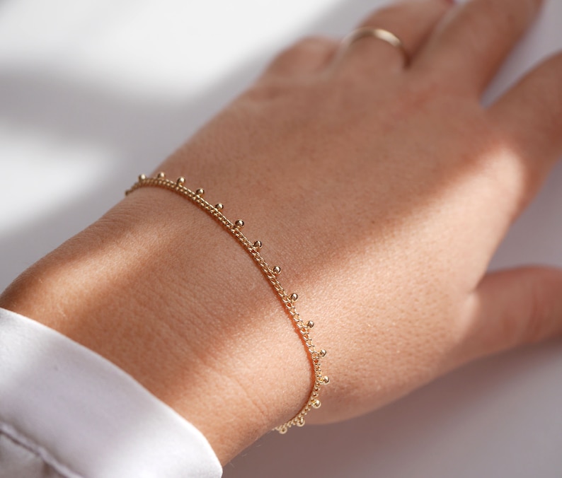 Gold Plated Balls Chain bracelet Woman Curb bracelet Gold bracelet Thin bracelet Minimal Thin Ball Stackable Wedding Jewelry image 2