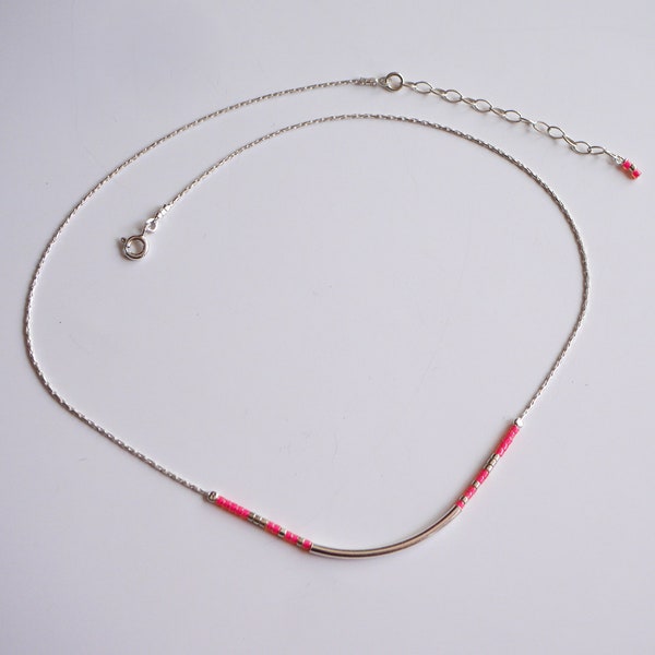 Collier fin choker perles miyuki rose fluo - chaine serpent argent massif 925 - Collier perles rose - collier minimaliste coloré élégant