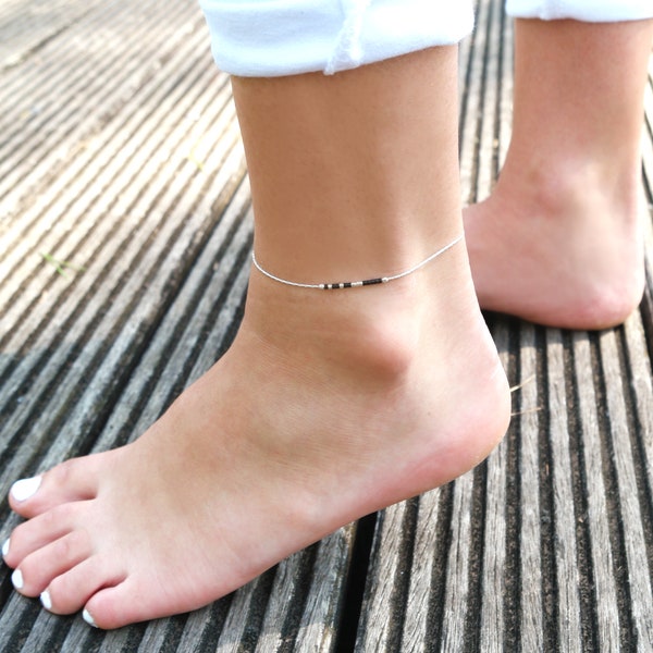 Ultra thin sterling silver anklet - Black anklet - Ankle bracelet beach - ankle bracelet silver - anklet beach jewelry -delicate thin anklet