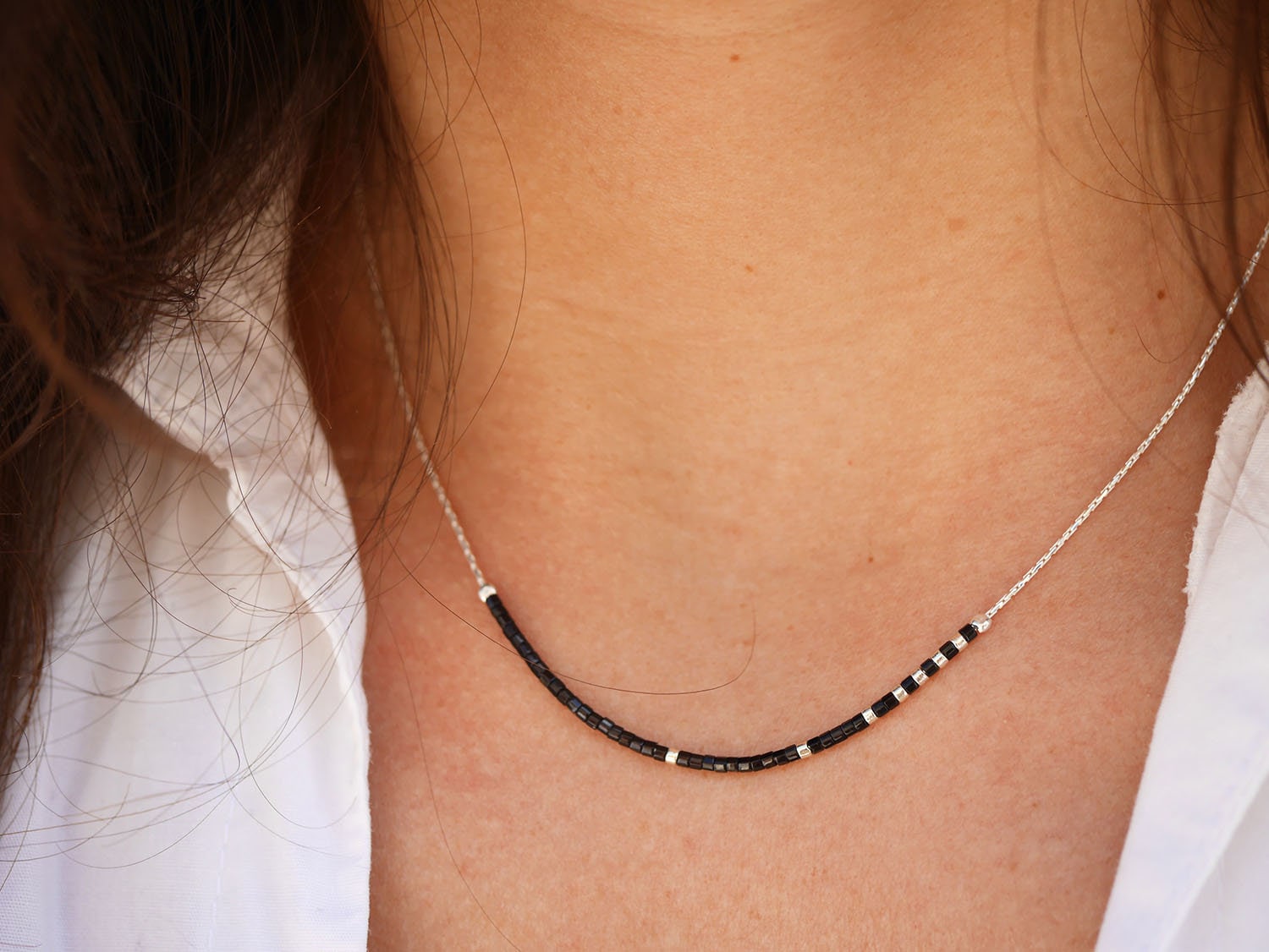 【2plan】23SS★ [MADE] Black mini beads necklace Necklace with 2 Styles of Small Black Beads & Square Black