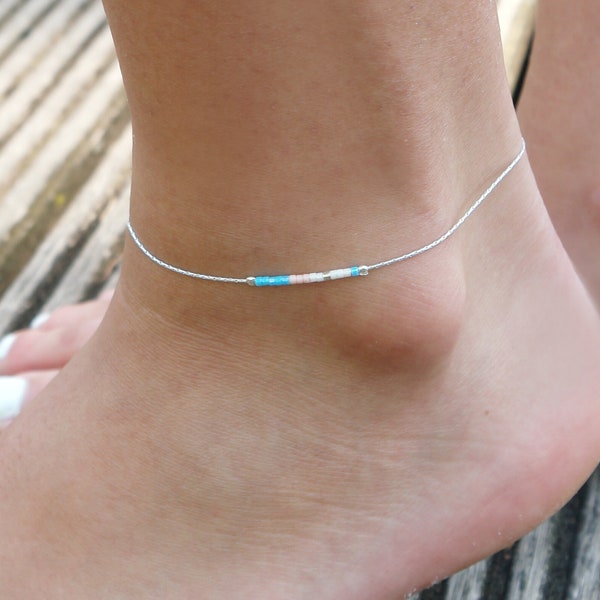 Ultra thin sterling silver anklet - turquoise and pastel pink anklet - Ankle bracelet beach - ankle bracelet silver - delicate ultra thin