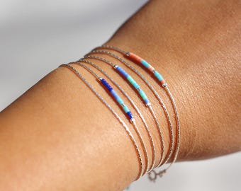 Set of 3 thin double wrap bracelets, 925 solid silver snake chain, and electric blue / turquoise miyuki beads
