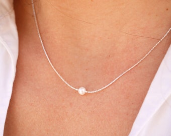 Sterling silver Freshwater Bead Necklace - White Freshwater Bead- Beaded Necklace - Silver snake chain - Minimal - thin choker necklace