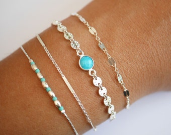 Set of 4 bracelets in 925 silver and Turquoise Stone - Thin stackable bracelets - Turquoise stone bracelet - circle chain - Boho-chic