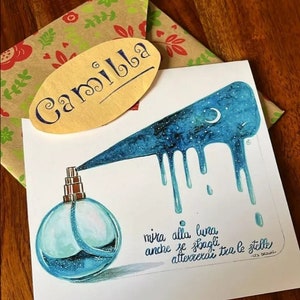 Biglietto d'auguri sognante con boccetta profumo - Illustrazione ad acquarello - riproduzione stampata - su richiesta con e senza testo