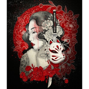 Warrior woman Japanese Neko mask Fine Art Print