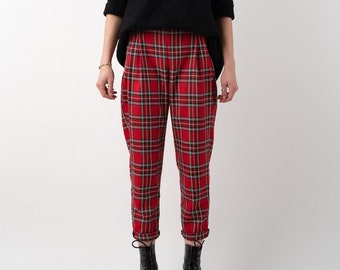 The Paris Pant | Handmade 80s Inspired Tapered Leg Trousers in Large Tartan Check in Bright Red Royal Stewart