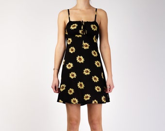 The Florence Dress | LIMITED EDITION Handmade Ruched Bust Mini Dress with Adjustable Straps in Black & Yellow Sunflower Print