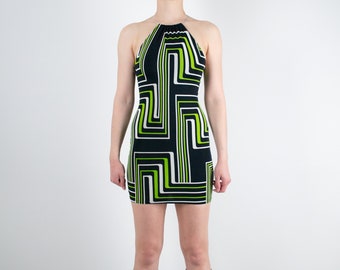 The Los Angeles Dress | LIMITED EDITION Handmade 90s Halter Neck Bodycon Dress with Metal Neck Ring in Green & Black Geometric Print