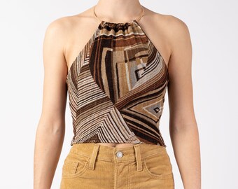 The Berlin Top | LIMITED EDITION Handmade 70s Style Vintage Inspired Halter Neck Top with Neck Ring in Brown & Cream Geometric Lace Print