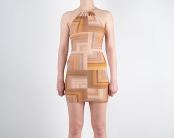 70s Halter Neck Mini Dress | Bodycon dress, 70s mini dress, Halter dress, Handmade dress, Geometric Print, Stretchy dress, Beige, Brown,