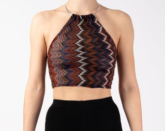 The Berlin Top | LIMITED EDITION Handmade 70s Inspired Halter Neck Top with Neck Ring in Brown, Blue & Black Zig Zag Chevron Lace Print