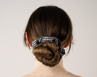 The Bristol Scrunchie | Handmade 90s Style Vintage Inspired Scrunchie in Black & White Small Gingham Check Print