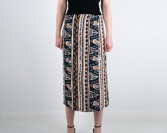 70s High Waisted Batik Print Midi Skirt | 90s Print, Handmade Wrap Around, Tie Up Midi Skirt, Black, Brown and Tan, Summer Midi Skirt