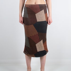 The Copenhagen Skirt LIMITED EDITION Handmade Mid Rise Midi Skirt in Brown Patchwork Print with Elasticated Waist Y2K Midi Skirt Bodycon image 1