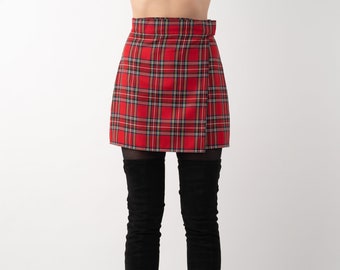 Red Tartan Mini Skirt | Vintage inspired, Wrap around, Wrap skirt, Check print, Above the knee, Royal Stewart tartan, Handmade, Red skirt