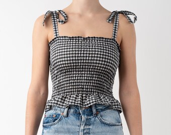 Gingham Shirred Vintage Crop Top | Handmade Black Check, Cottagecore, Vintage Style Top, Tie Up Straps, Peplum Hem, Black White Check Print