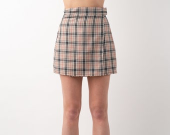 Retro Tartan Mini Skirt in Beige | Handmade Vintage Inspired, Wrap Around Mini Skirt, Caramel Beige Check Print, 90s Mini