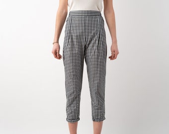 The Paris Pant | Handmade Tapered Leg Cropped Trousers in Medium Gingham Check Print in Black and White