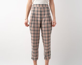 The Paris Pant | Handmade Tapered Leg Cropped Trousers in Large Tartan Check in Caramel Beige