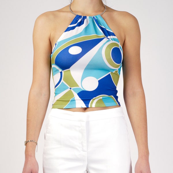 The Berlin Top | LIMITED EDITION Handmade 70s Inspired Halter Neck Top with Neck Ring Detail in a Blue, Green & White Graphic 60s Print