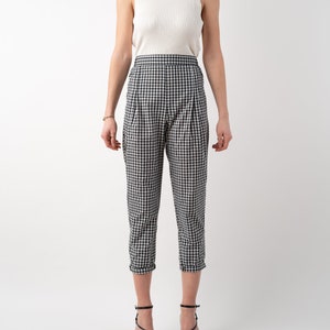 Black and white gingham print tapered leg trousers front full