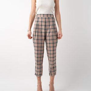 Beige nova check tartan tapered leg trousers front full