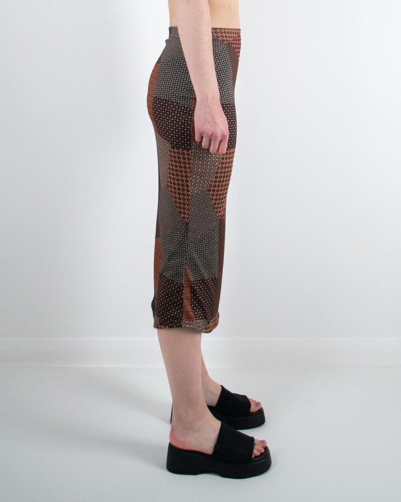 Y2K 90s Mid Rise Brown Patchwork Midi Skirt Right Side