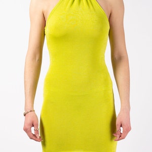 The Los Angeles Dress LIMITED EDITION Handmade 70s Halter Neck Bodycon Dress with Metal Neck Ring in Lime/Acid Green/Yellow Stretch Fabric image 2