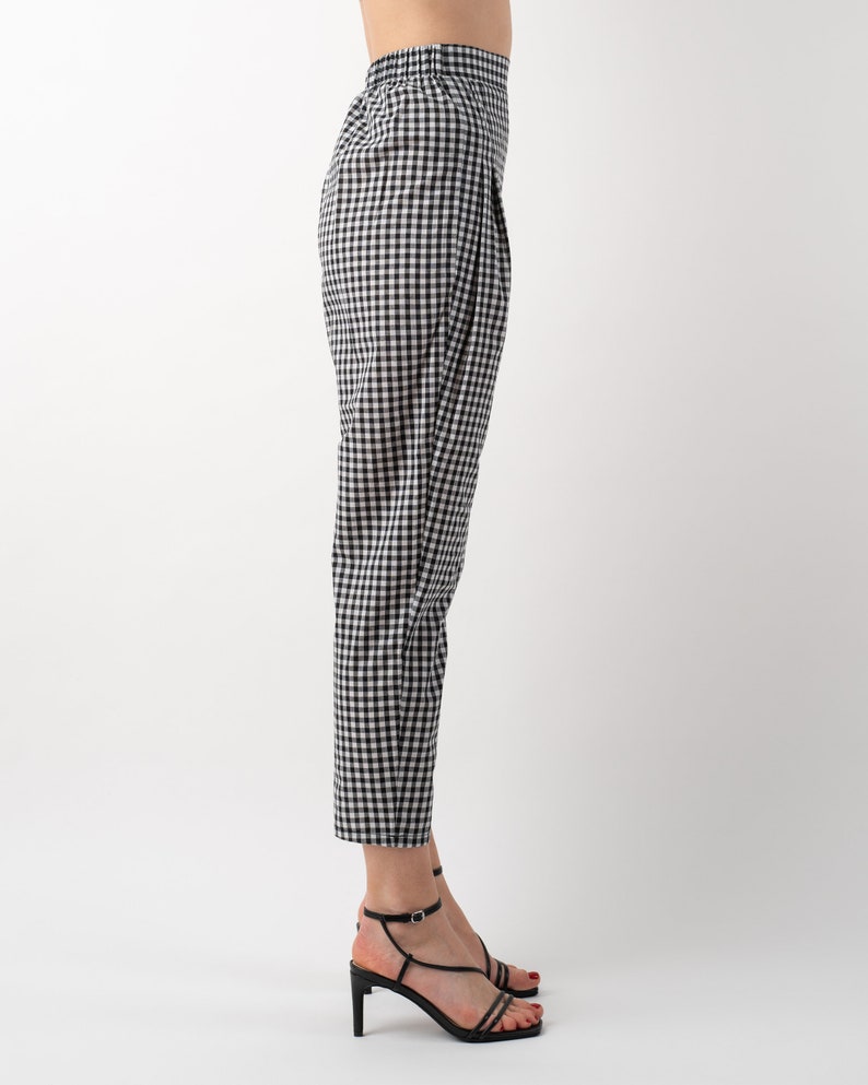 Black and white gingham print tapered leg trousers side 2