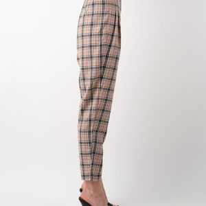 Beige nova check tartan tapered leg trousers side 2