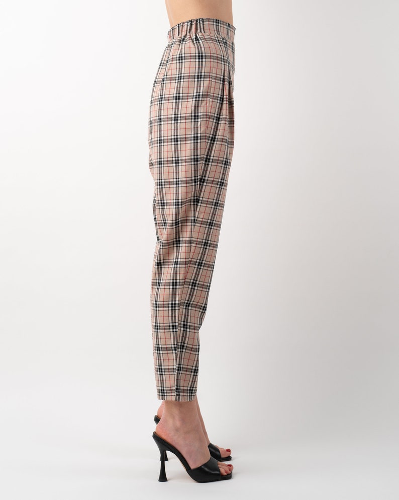 Beige nova check tartan tapered leg trousers side 2