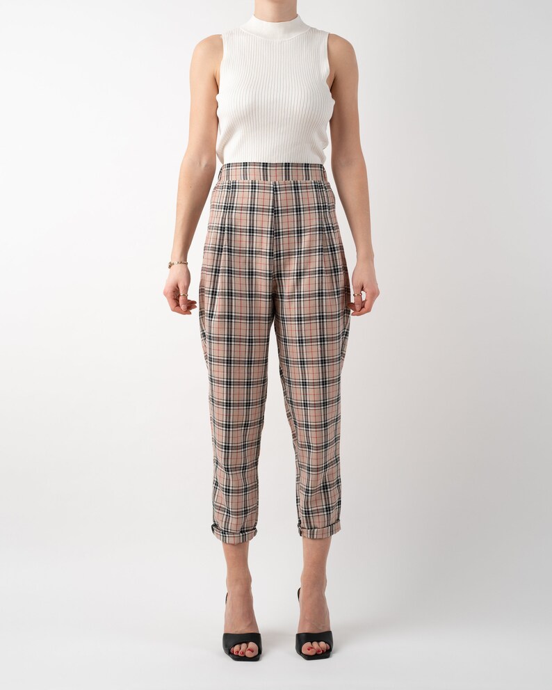 Beige nova check tartan tapered leg trousers front full