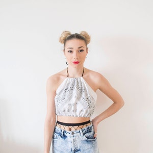 White Bandana Backless Tie Up Crop Top image 2