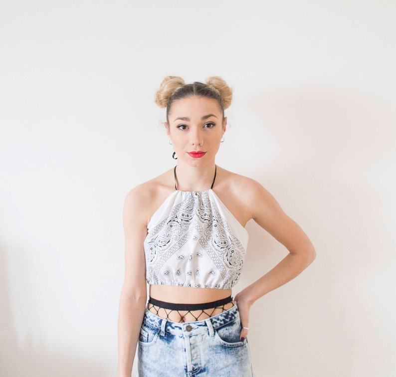 White Bandana Backless Tie Up Crop Top image 2