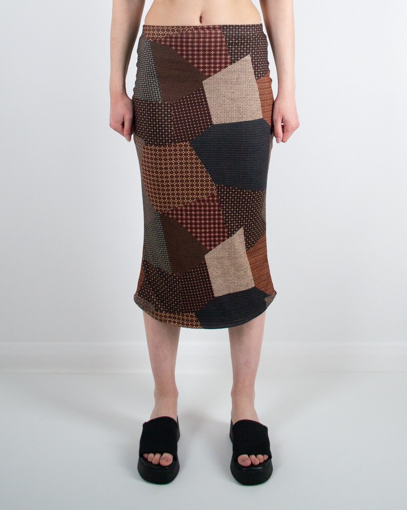 The Copenhagen Skirt LIMITED EDITION Handmade Mid Rise Midi Skirt in Brown Patchwork Print with Elasticated Waist Y2K Midi Skirt Bodycon image 1