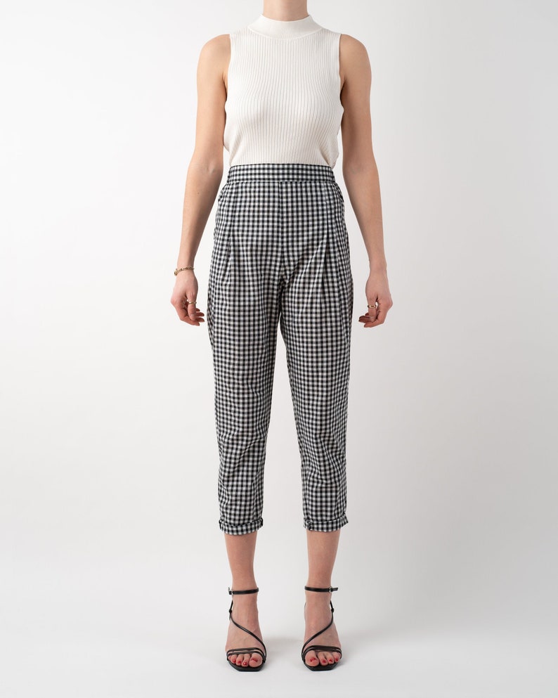 Black and white gingham print tapered leg trousers front full