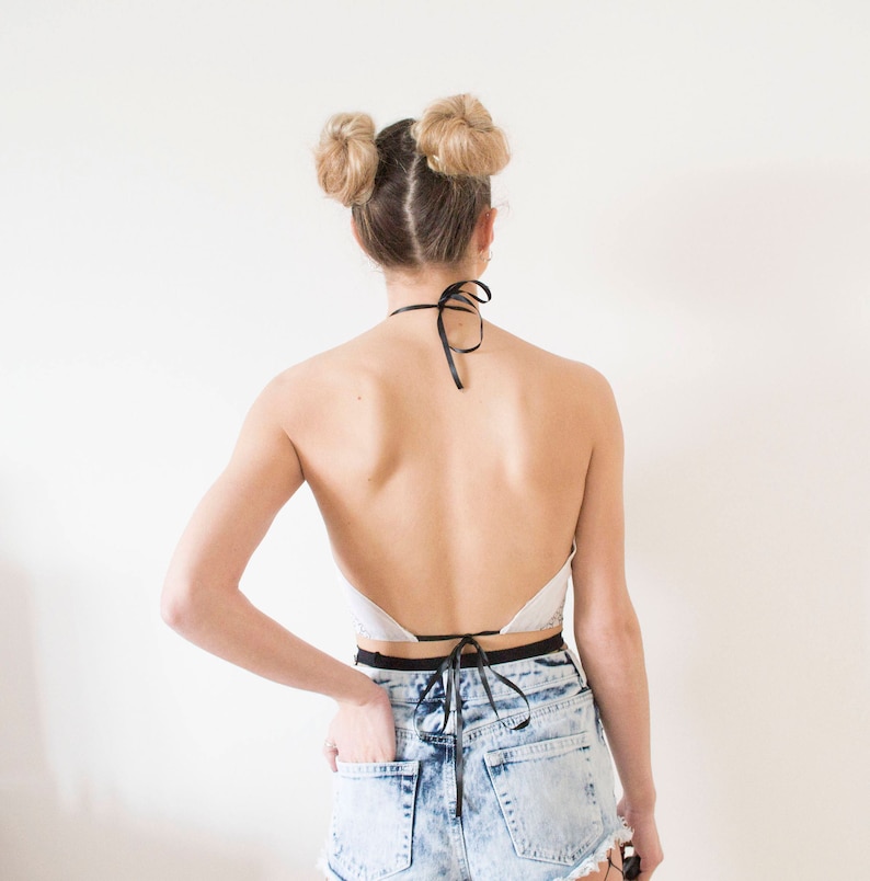 White Bandana Backless Tie Up Crop Top image 4
