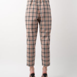 Beige nova check tartan tapered leg trousers back