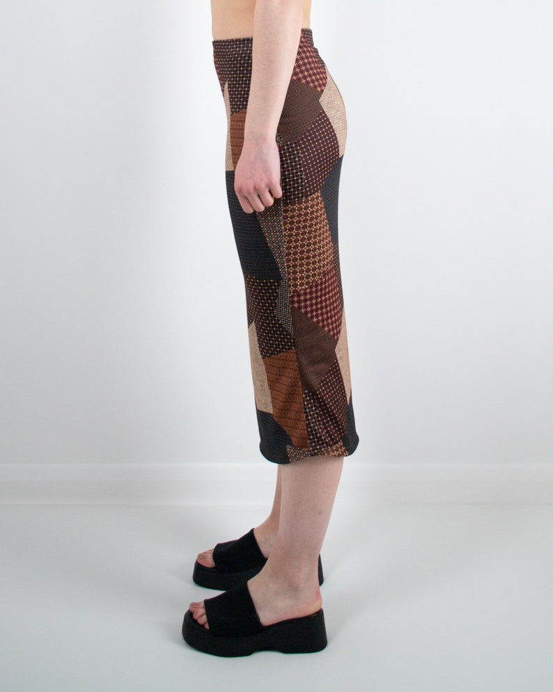 Y2K 90s Mid Rise Brown Patchwork Midi Skirt Left Side