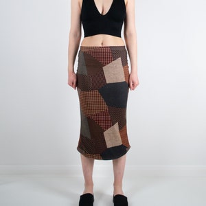 Y2K 90s Mid Rise Brown Patchwork Midi Skirt Front Full