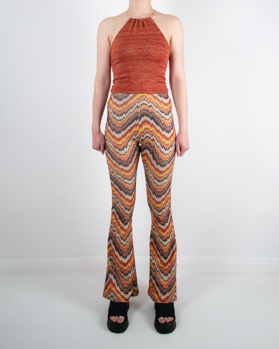 70s Flared Bell Bottoms Pull on Stretch Flares, Flare Pants, Zig Zag Print,  Handmade 70s, Orange, Brown & Cream, Flared Trousers -  Canada