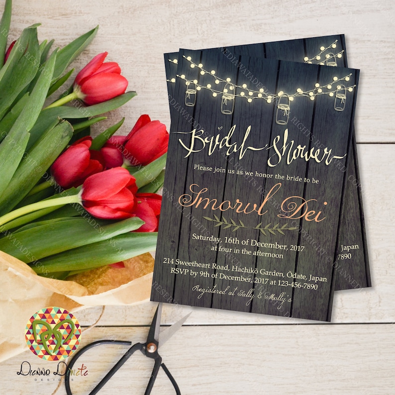 Bridal Shower Rustic Wood Invitation, Printable Wood Invitation, String Light Invitation, Bridal Shower Theme Invitation, Instant Download 